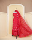 Red Colour Georgette Salwar Material Featuring White Heart Shape Thread Work on body, Paired With Matching Bottom & Elegant Dupatta