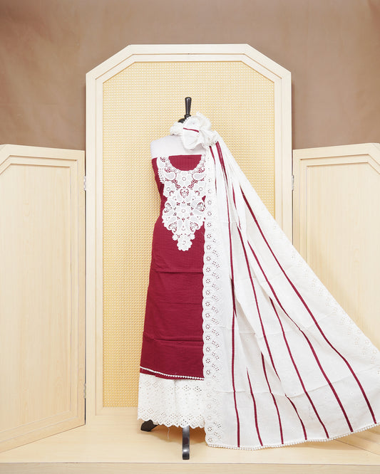 Red Colour Salwar Material Featuring White Thread Work on body, Paired With Matching Bottom & Elegant Dupatta
