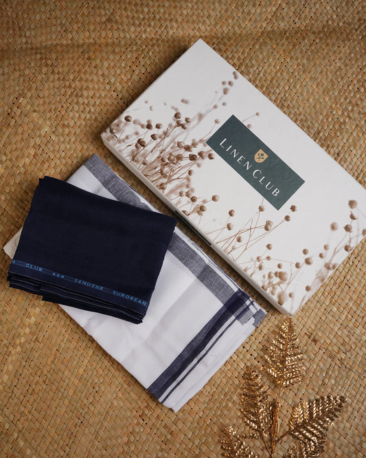 Navy Blue colour linen shirt material with matching Single Dhoti Set.