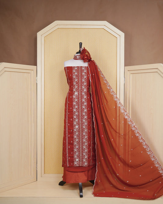 Brown Colour Georgette Salwar Material Featuring Gold Thread Work on body, Paired With Matching Bottom & Elegant Dupatta