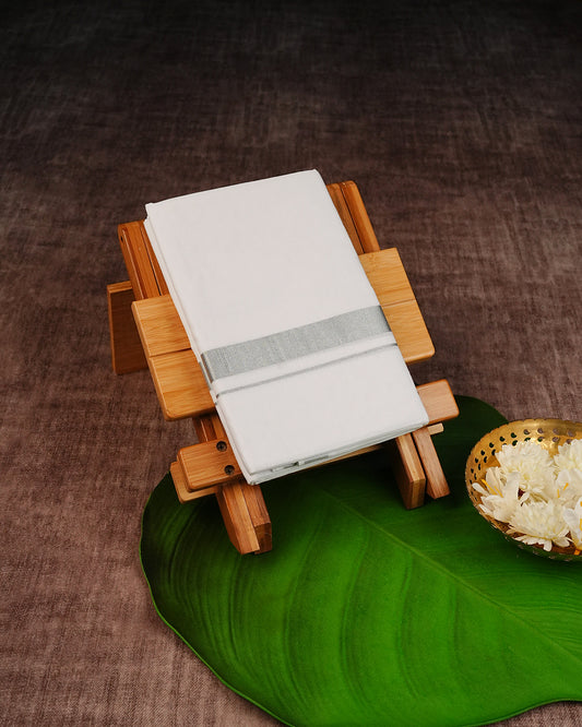 Off White Colour Cotton Double Dhoti Finished With A Classic Silver kara.
