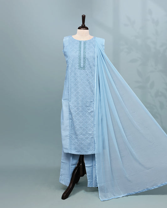 Light Blue colour Salwar set comes top with thread work on body, paired with matching bottom and dupatta.