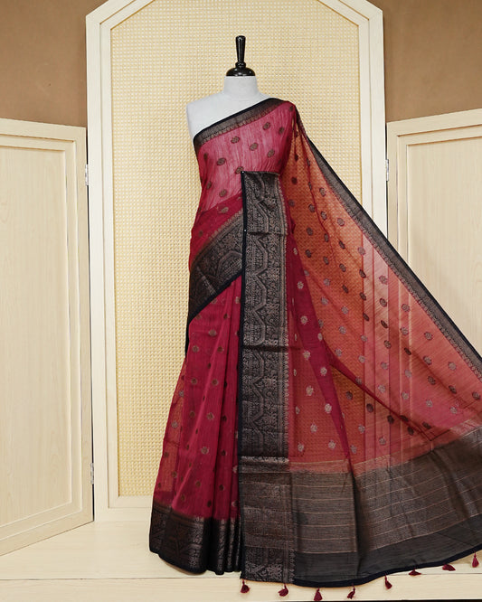 Dark magenta colour semi linen saree thread motifs on body, contrast dark colour gold zari border, rich pallu comes with matching blouse piece