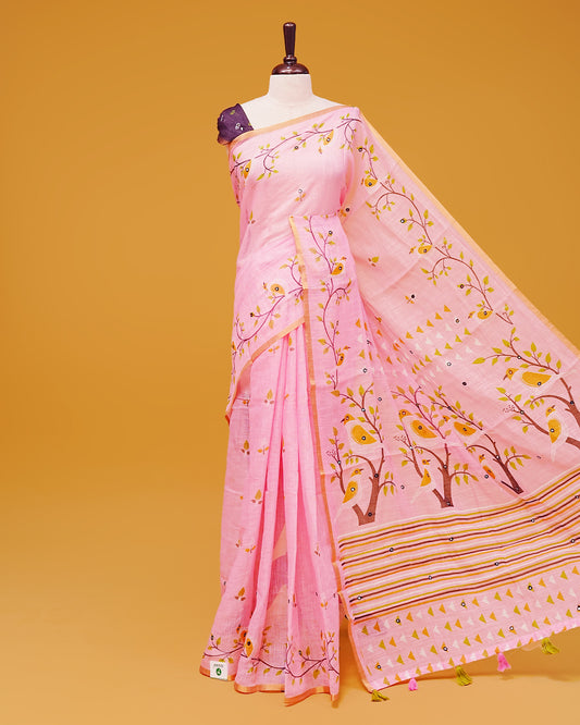 Pink Colour Semi Linen Saree