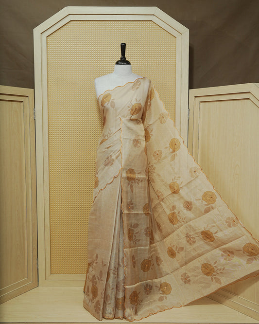 Yellow colour Semi tissue saree featuring elegant Rose print with delicate Mirror Work, beautiful Scallop border.