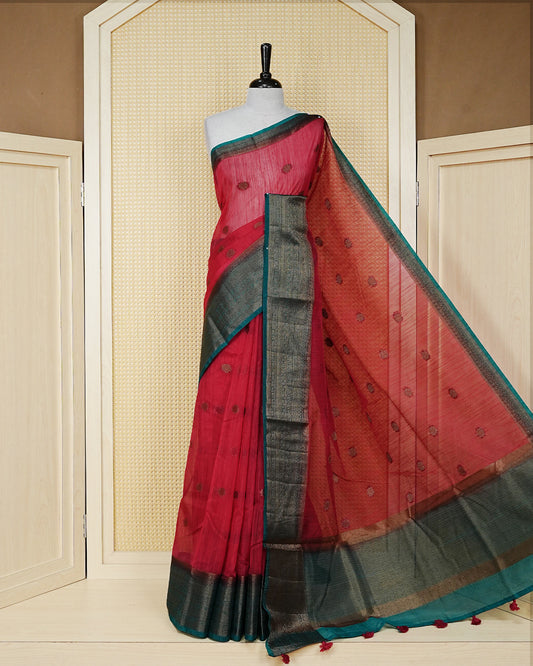 Red colour semi linen saree thread motifs on body, contrast mustard bottle green colour gold zari border, rich pallu comes with matching blouse piece