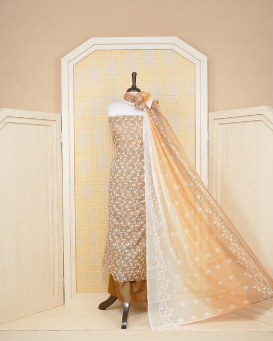 Biscuit Colour Net Kotta Salwar Material Featuring White Thread Work On Body, Paired With Matching Bottom & Elegant Dupatta