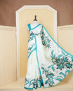 Off white & teal green colour semi linen saree