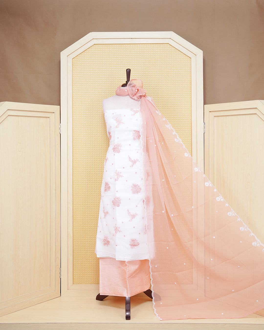 White Colour Organza Salwar Material Featuring Mirror and Peach Thread Work on body, Paired With Matching Bottom & Elegant Dupatta