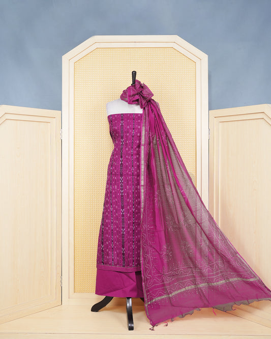 Magenta Pink Cotton ikat Salwar material Featuring Traditional Vertical Geomatric Weave Patterns and Fine Running Stitch Border Detailing, paired with a matching bottom & elegant Duptta