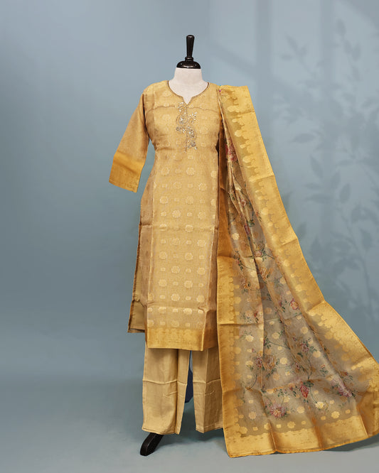 Gold colour Salwar set comes top with Gold zari work with Beats & cutbeats on body, paired with matching bottom and dupatta.