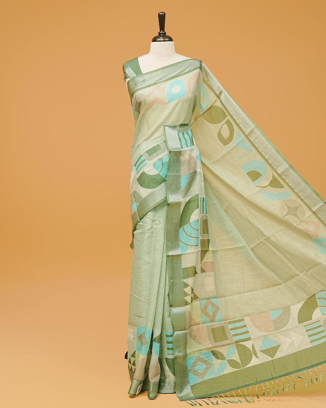 Pista Green Colour Semi Linen Saree