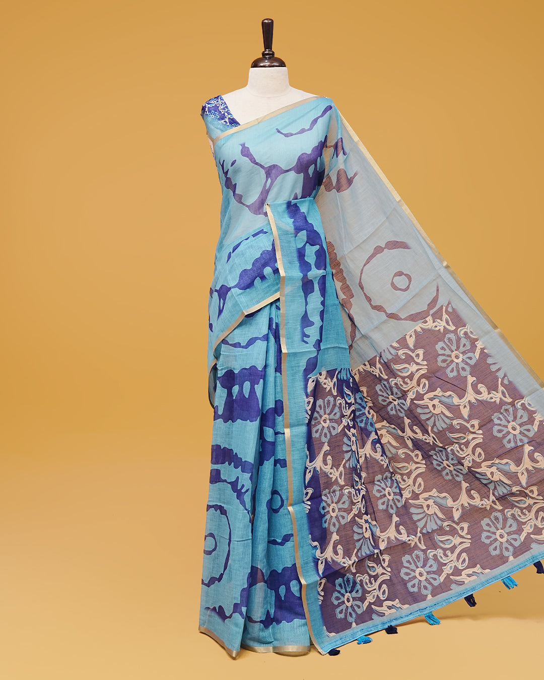 Light blue Colour Semi Linen Saree featuring contrast Digital prints, paired with matching printed blouse piece.