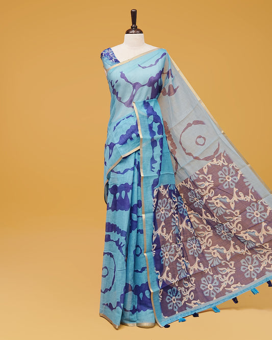 Light blue Colour Semi Linen Saree featuring contrast Digital prints, paired with matching printed blouse piece.