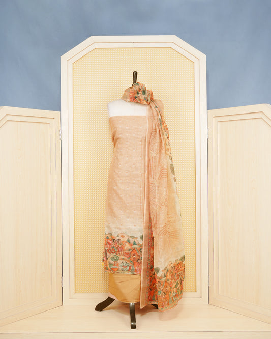 Light Brown Colour Organza Salwar matirial Features An artist Traditional Village Scene Print Patten Aborned With Shimmering Sequin Accents and metalic Lace Border Work, paired with a matching bottom & elegant Duptta