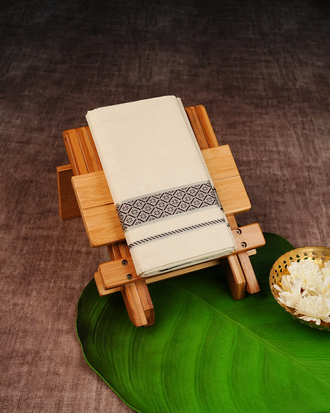 Cream Coloured Cotton Double Dhoti Finished with Brown Designed Silver Kara