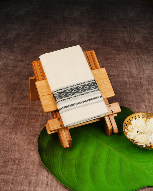 Cream Coloured Cotton Double Dhoti Finished with Black Designed Silver Kara
