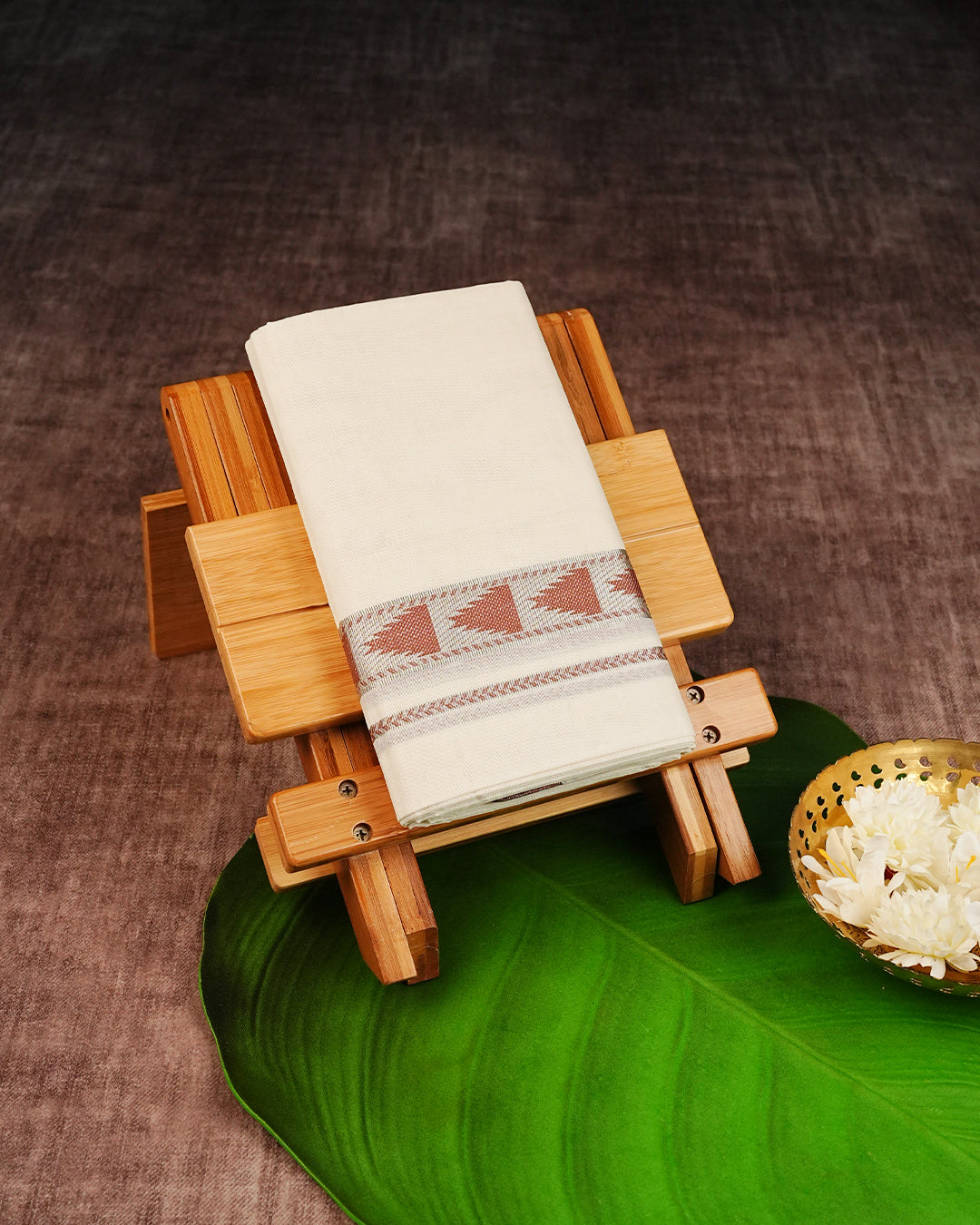 Cream Coloured Cotton Double Dhoti Finished with Brown Colour Temple Designed Silver Kara