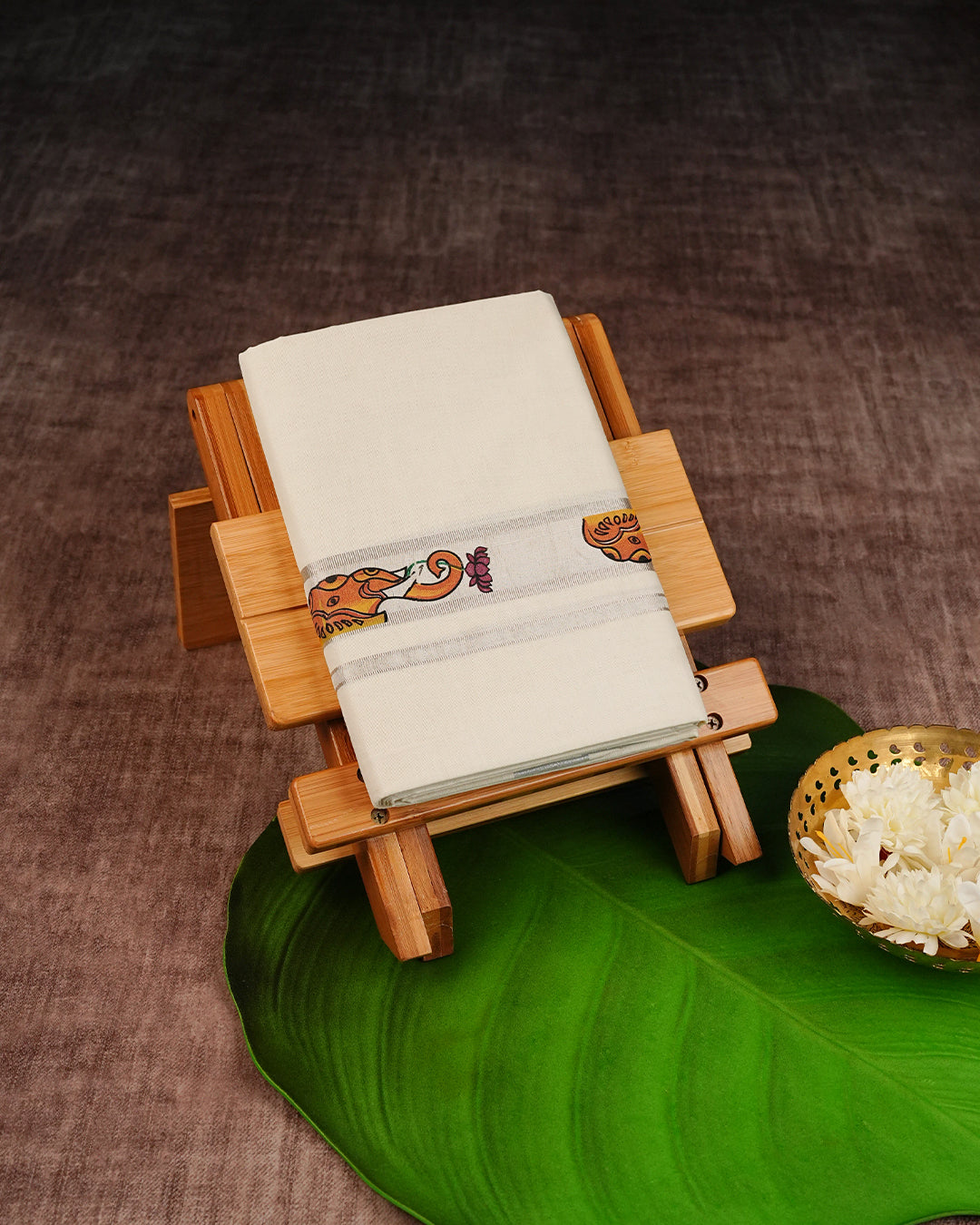 Cream Coloured Cotton Double Dhoti with Elephant & Lotus Printed Silver Kara