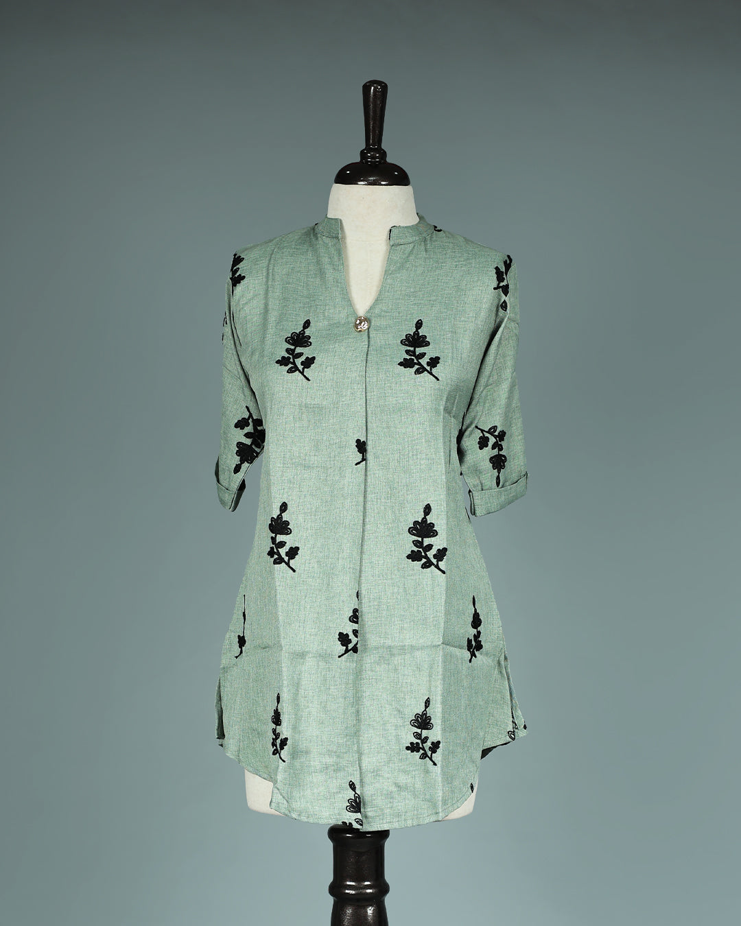 Dusty Green colour Black Thread work on body, V with Collar design, With sleeve.