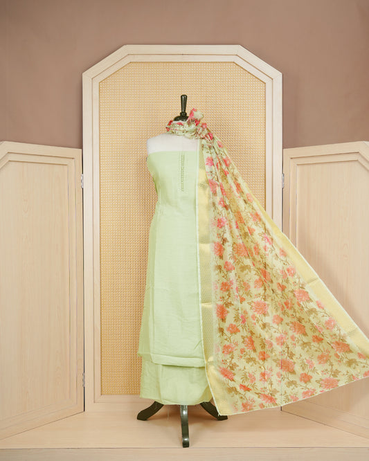 Sage Green Colour Organza Salwar Material Featuring Plain Body, Paired With Matching Bottom & Elegant Dupatta.