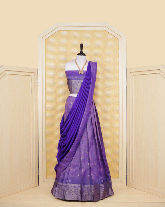 Orchid purple & royal violet colour Linen Silk Semi stitched dhavani set featuring buttas, zari bordered skirt & blouse piece and dupatta.