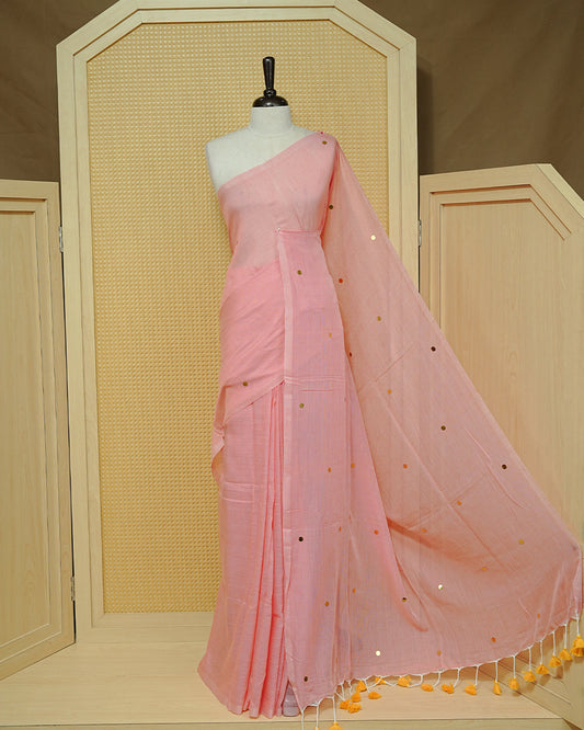 Pink Colour Mul Cotton Saree Featuring Sequins on the Body, Borderless Pattern & Yellow Tassels.