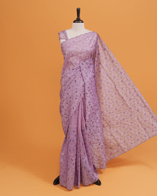 Pastel purple colour Crush organza saree with Thread work.