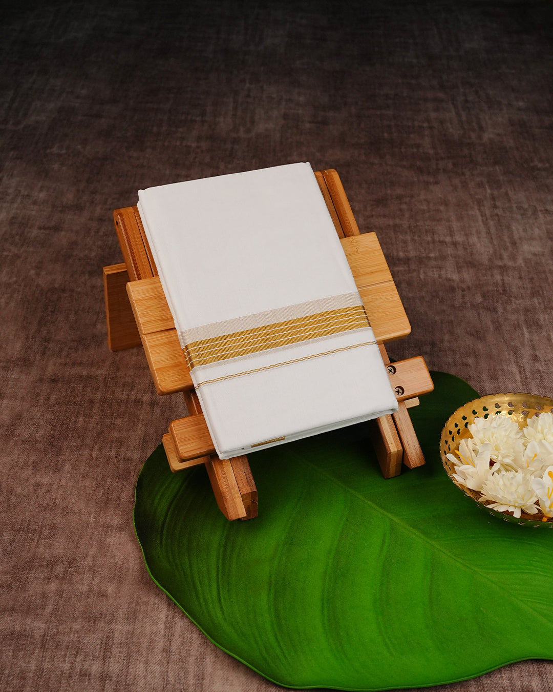 Off White Colour Cotton Double Dhoti Finished With A Classic Striped Gold kara.