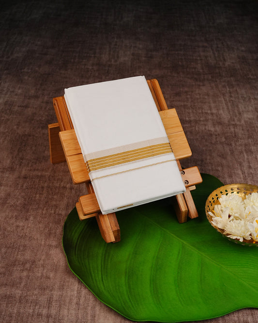 Off White Colour Cotton Double Dhoti Finished With A Classic Striped Gold kara.