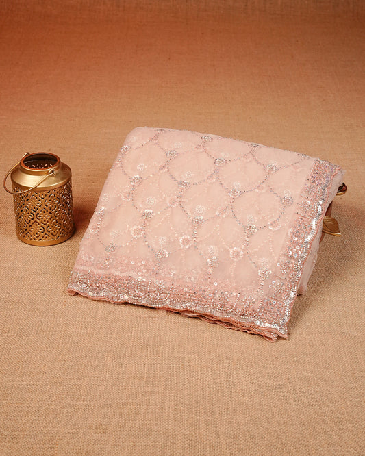 Peach colour designer saree featuring intricate bead and sequin work on the body and border, paired with a matching blouse piece.
