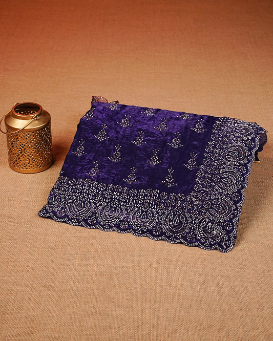 Indigo colour Velvet chiffon designer saree featuring Stone & Cut beats work on body,and border, comes with matching blouse piece.