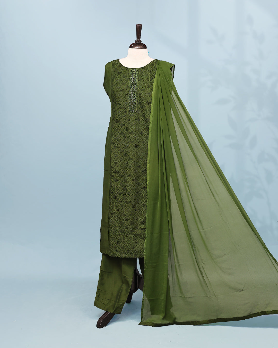 Olive Green colour Salwar set comes top with Self colour thread worked body, paired with matching bottom and dupatta.
