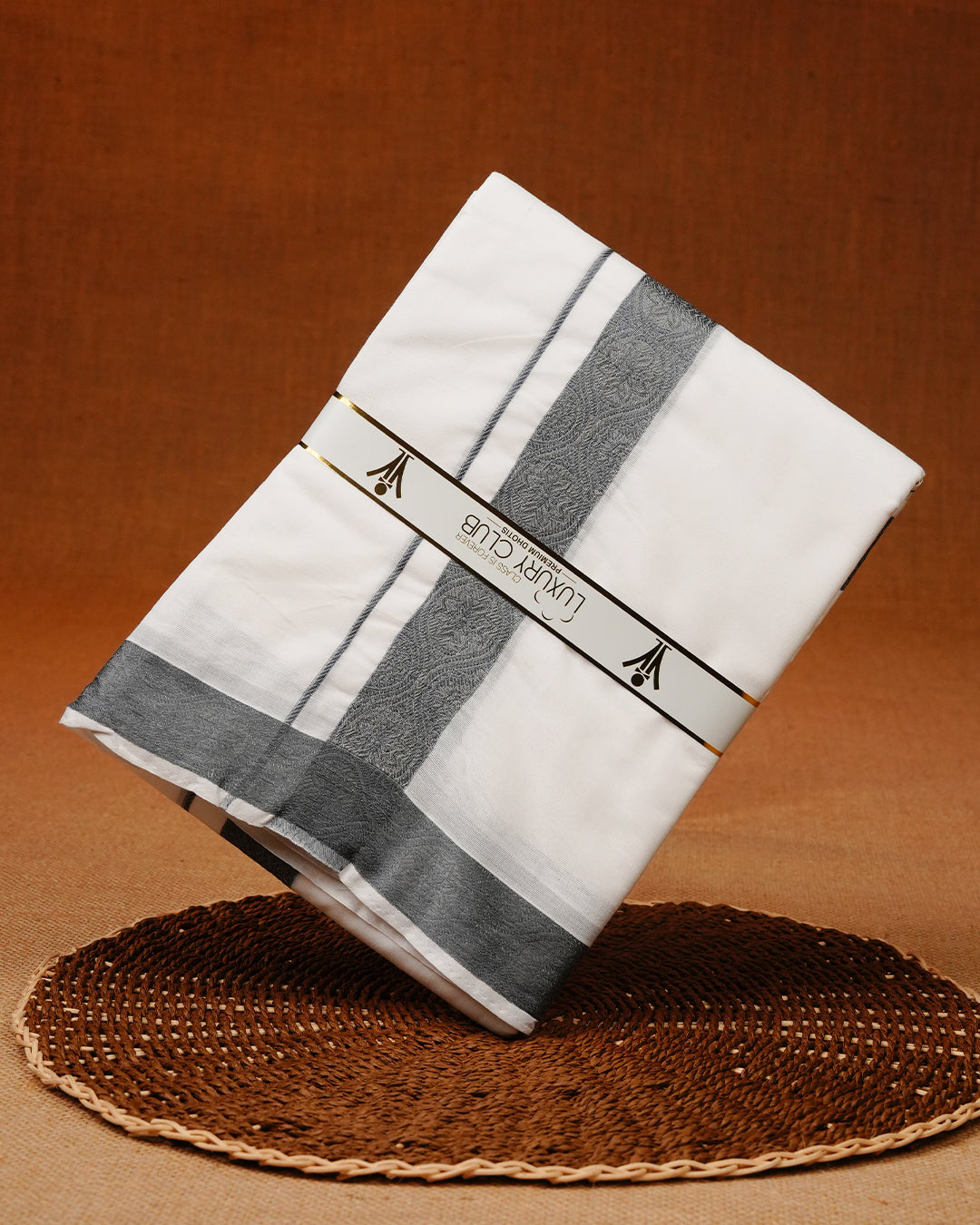 White colour Pure Cotton Double dhoti featuring Grey colour border.