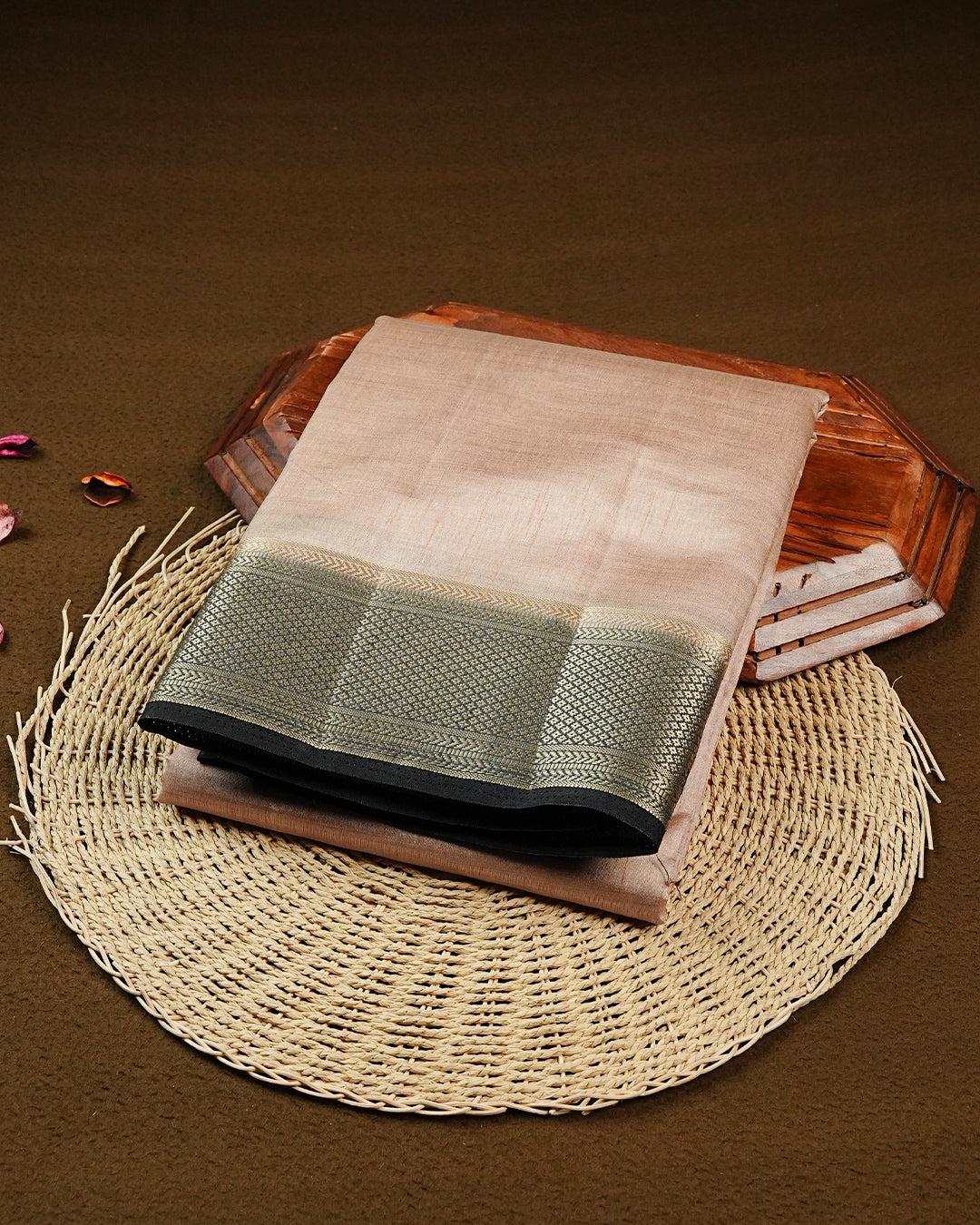Cream colour Tussar silk saree Featuring Elegant Plain body, complemented by Contrast black colour with gold zari border, paired with matching blouse piece.