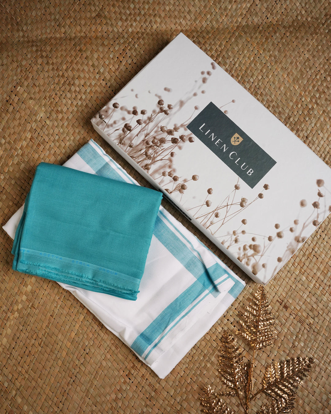 Aqua colour linen shirt material with matching Single Dhoti Set.