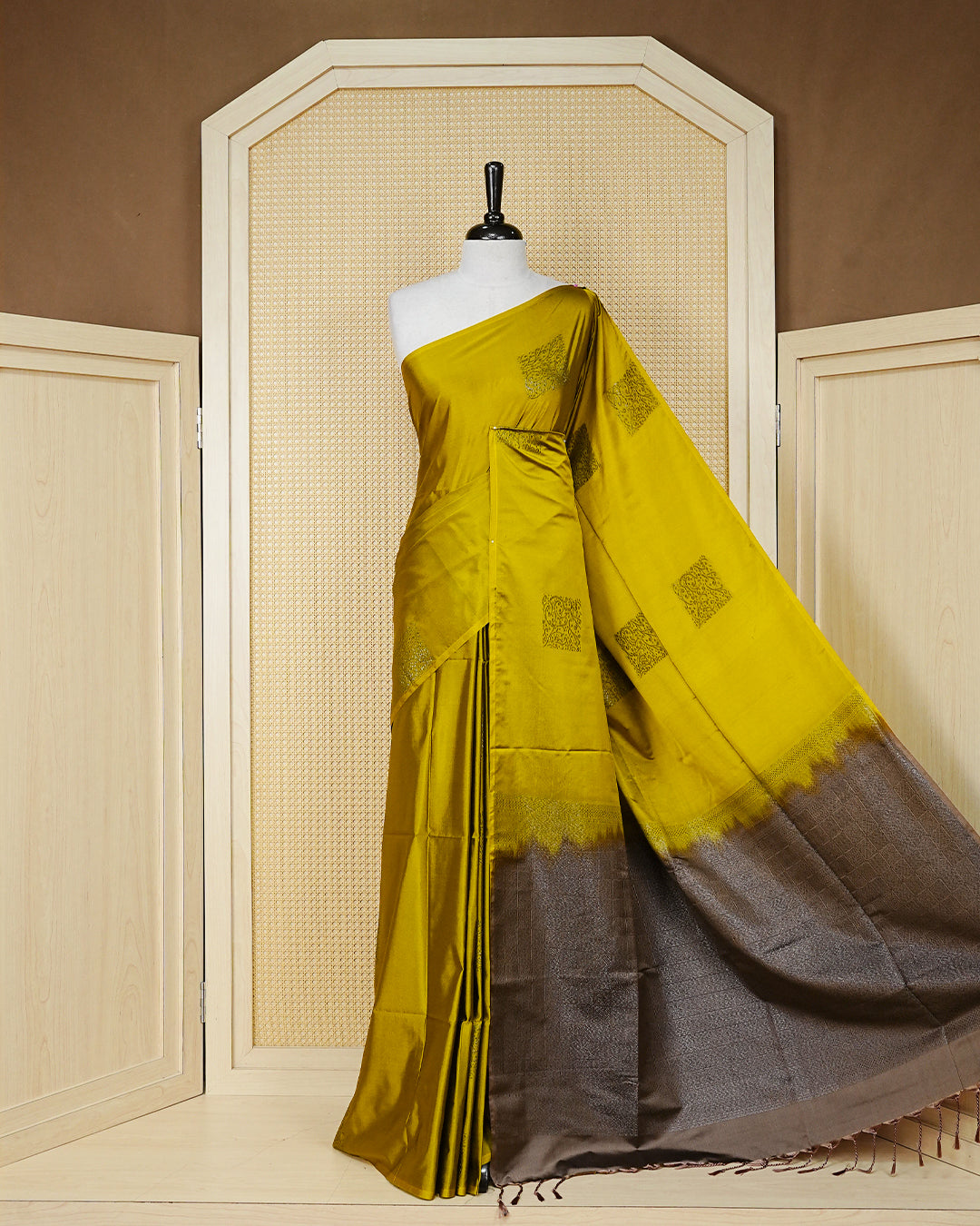 Golden olive colour soft silk saree