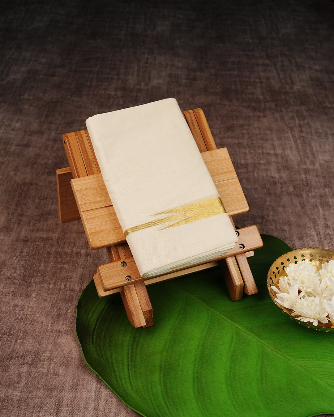 Cream Coloured Cotton Double Dhoti with Elegant Minimal Gold Kara