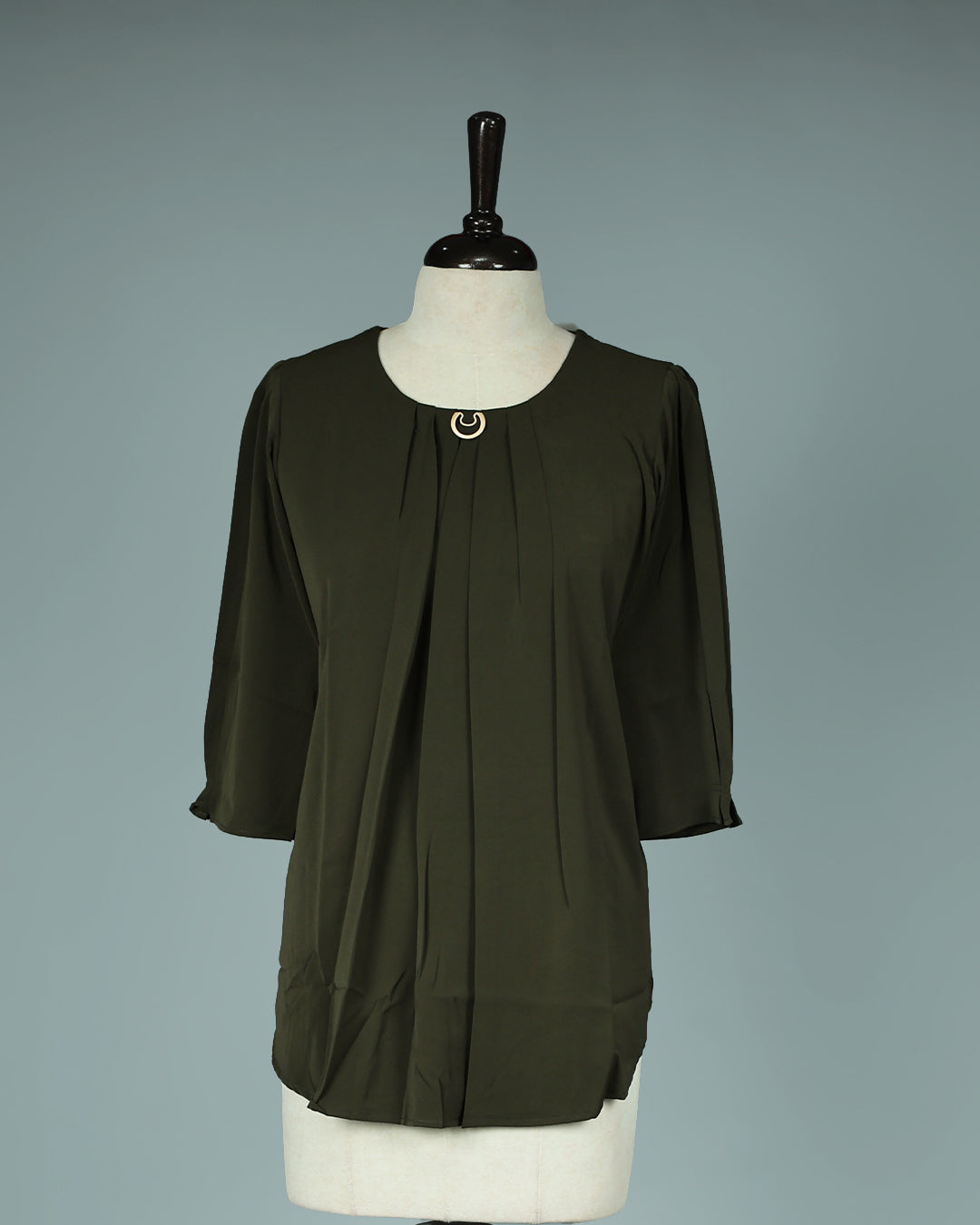 Olive colour Top with Plain with Pleats on body, Round neck design, With sleeve.
