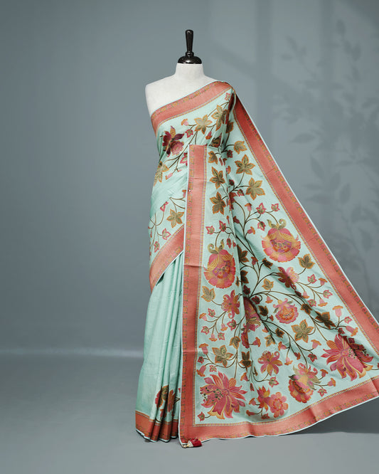 Ice Blue Colour Pashmina Saree featuring Plain body, complemented by Contrast Brick red colour with Floral pattern & gold zari on border and Pallu, comes with matching blouse piece.