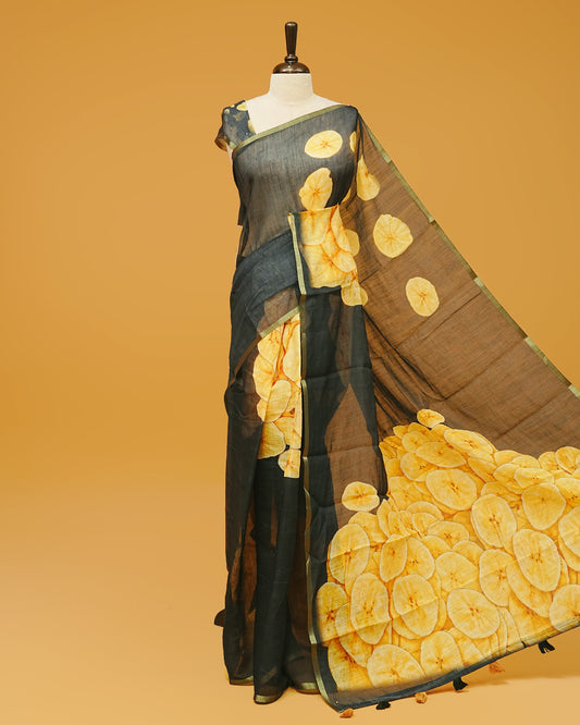 Black Colour Semi Linen Saree