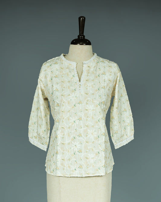 Light Yellow colour Thread work on body, Round with Slit neck design, With sleeve.
