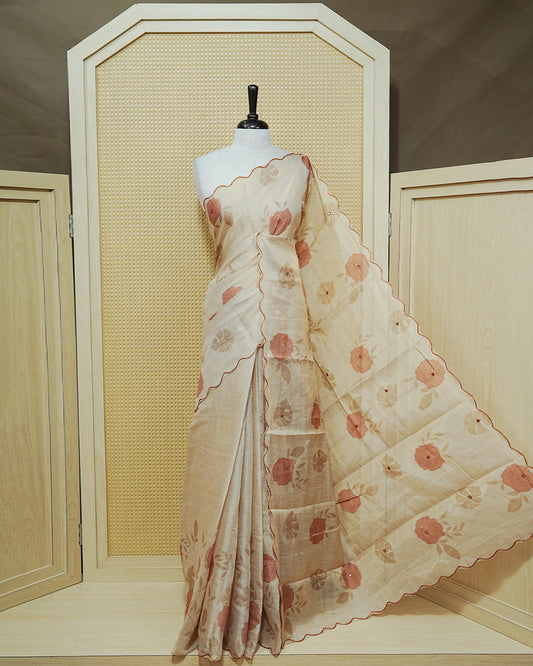 Brown colour Semi tissue saree featuring elegant Rose print with delicate Mirror Work, beautiful Scallop border.