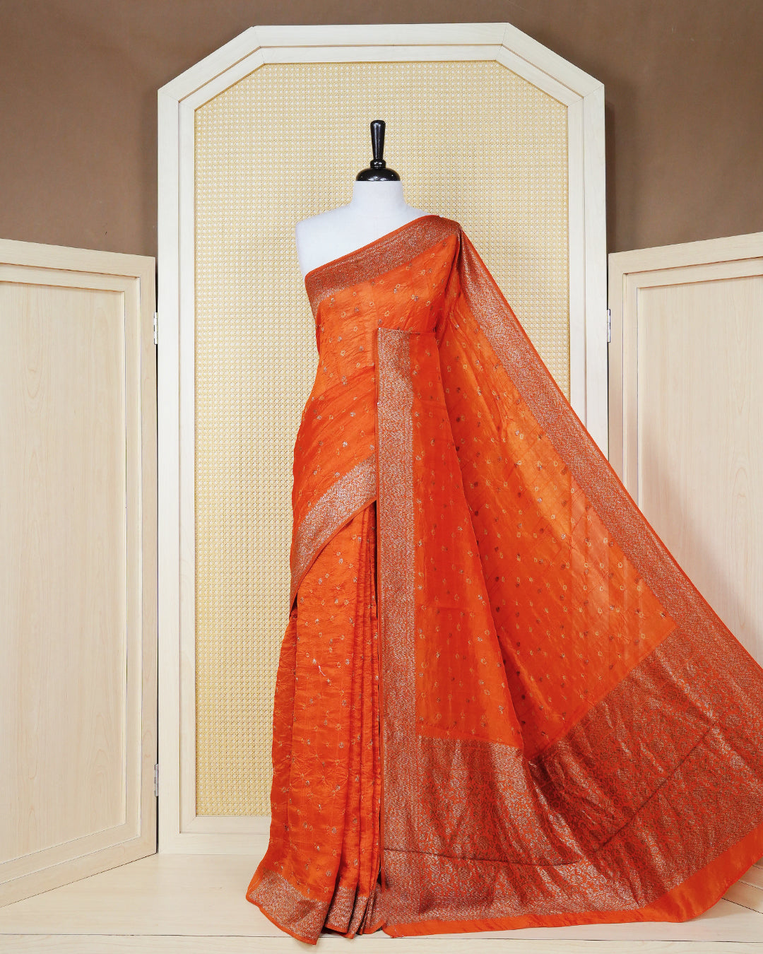 Deep Orange Colour banaras bandhani saree