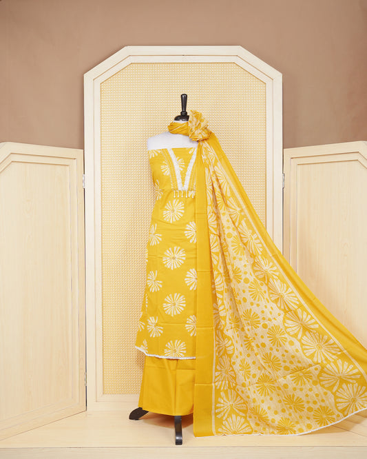 Yellow colour salwar material featuring Motifs and Beadswork on Body Design without border, paired with matching bottom and an elegant dupatta.