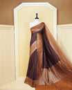 Dark brown Colour Semi georgette Saree having zari check with buttas pattern on body, contrast dark mustard colour floral designed border, Rich Pallu comes with Matching Blouse piece.