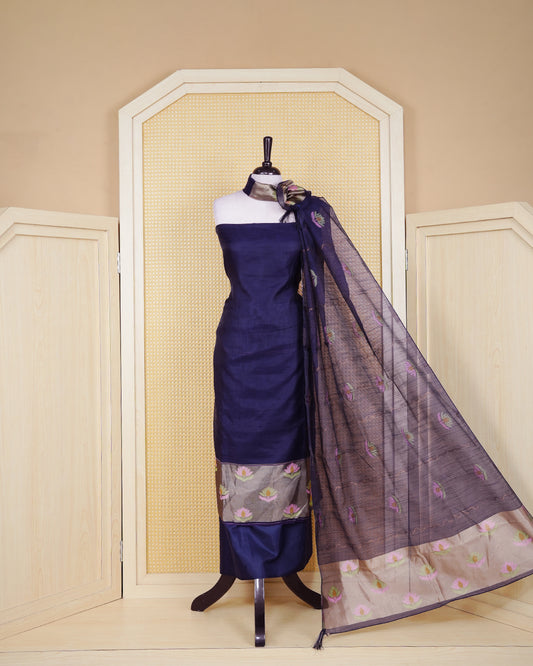 Navy Blue and Gold Colour Semi Linen Material Featuring Floral Thread Pattern Plain Body, Paired with Matching Bottom & Elegant Dupatta
