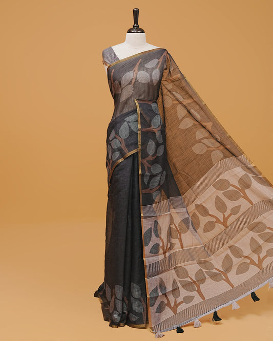 Black colour semi linen saree