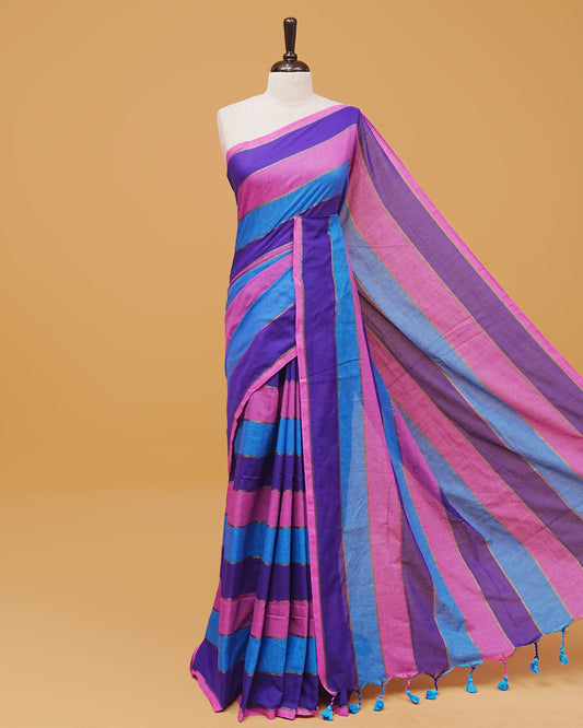 Royal Purple & Sky Blue & magenta pink multi Colour Mul Cotton saree