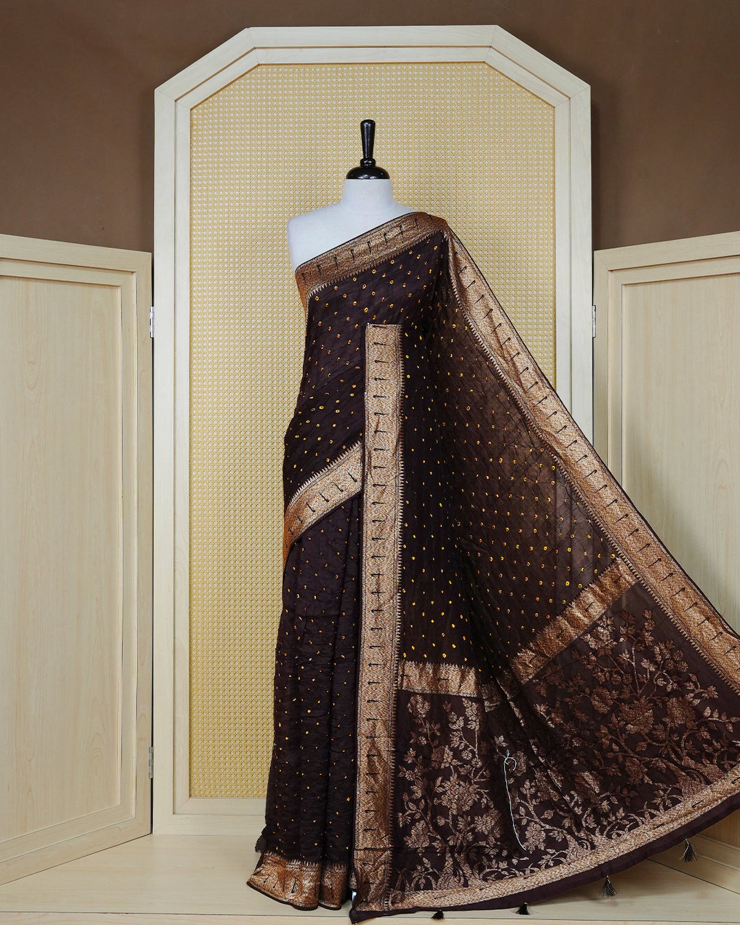 Dark Brown Colour banaras bandhani saree